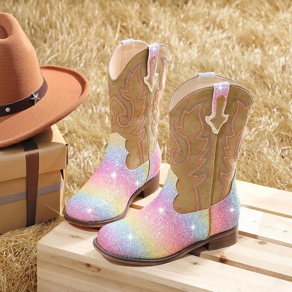 Unisex Child Shiny Rainbow Mid Calf Glitter Toddler Cowboy Boot Little Big Kids - Picture 5 of 8